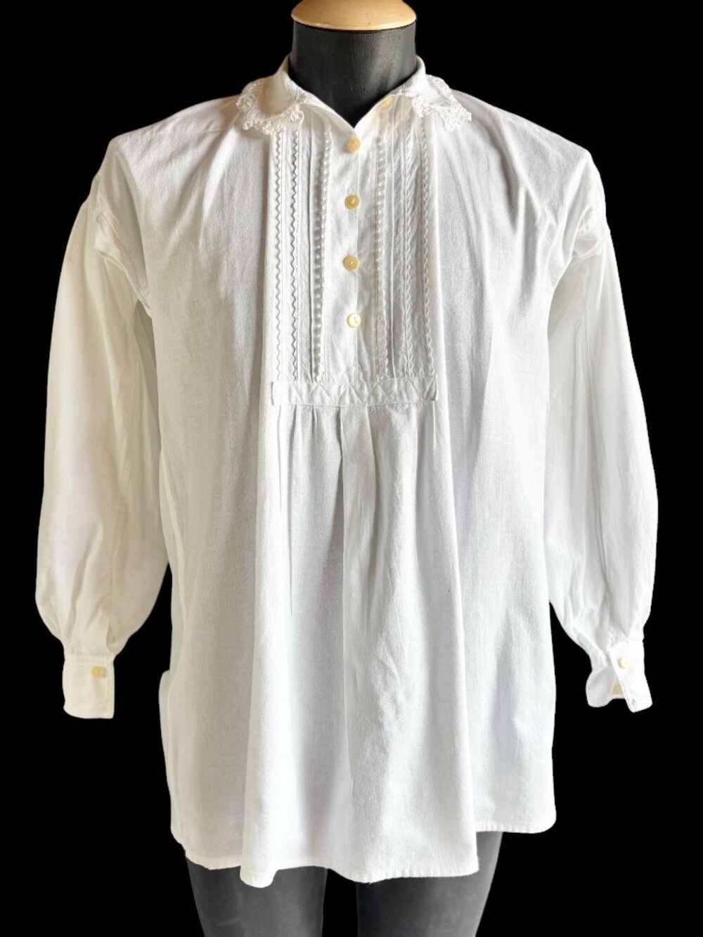 Men's White Cotton Hungarian Folk Shirt with Lacy Collar